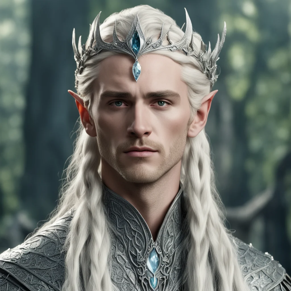 aiking thranduil with blonde hair and braids wearing silver serpentine elvish circlet encrusted with diamonds with large center diamond amazing awesome portrait 2
