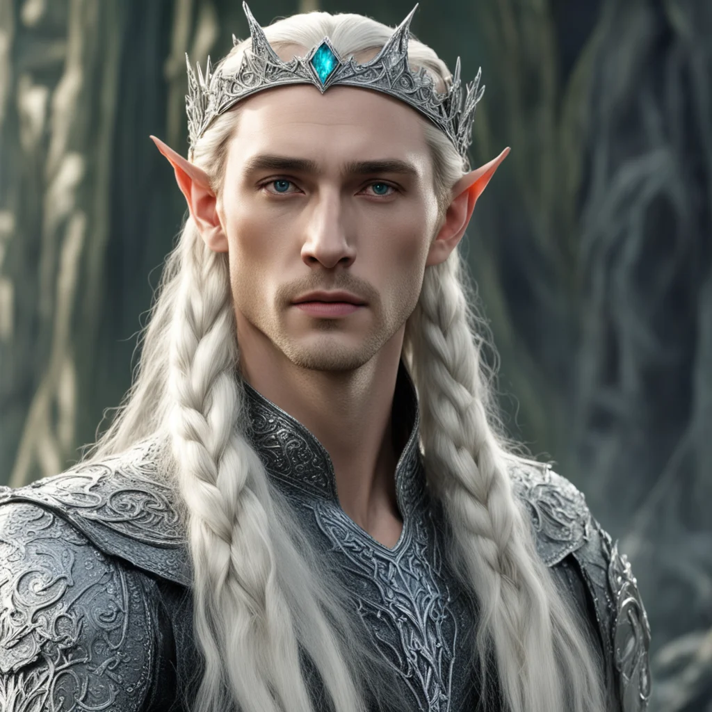 king thranduil with blonde hair and braids wearing silver serpentine elvish circlet encrusted with diamonds with large center diamond good looking trending fantastic 1