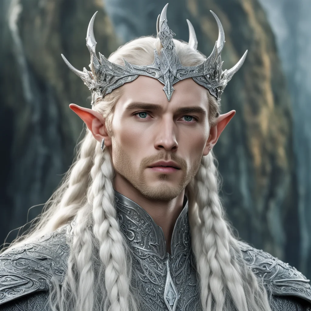 king thranduil with blonde hair and braids wearing silver serpentine elvish circlet heavily encrusted with diamonds with large center diamond  confident engaging wow artstation art 3