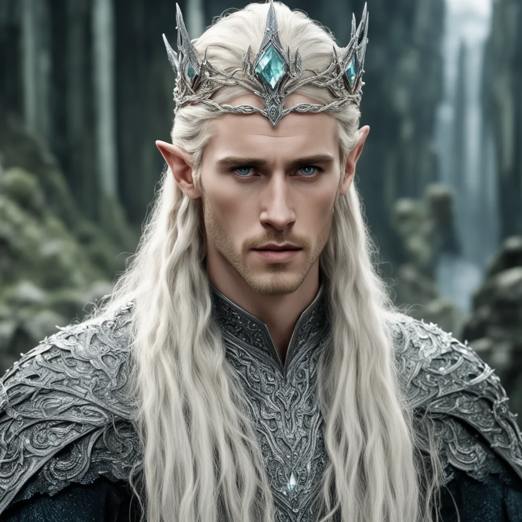 king thranduil with blonde hair and braids wearing silver serpentine elvish circlet heavily encrusted with diamonds with large center diamond  good looking trending fantastic 1