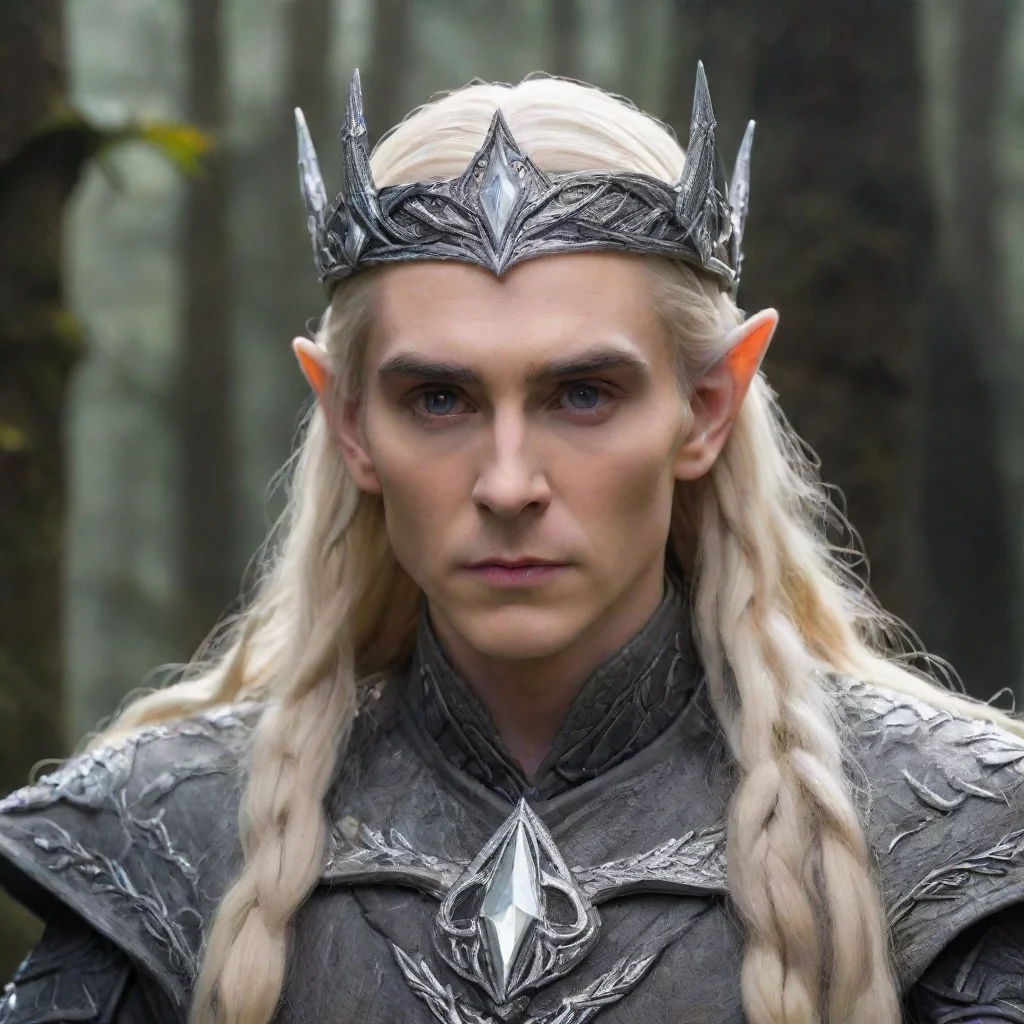 king thranduil with blonde hair and braids wearing silver wood elf circlet encrusted with diamonds with large center diamond