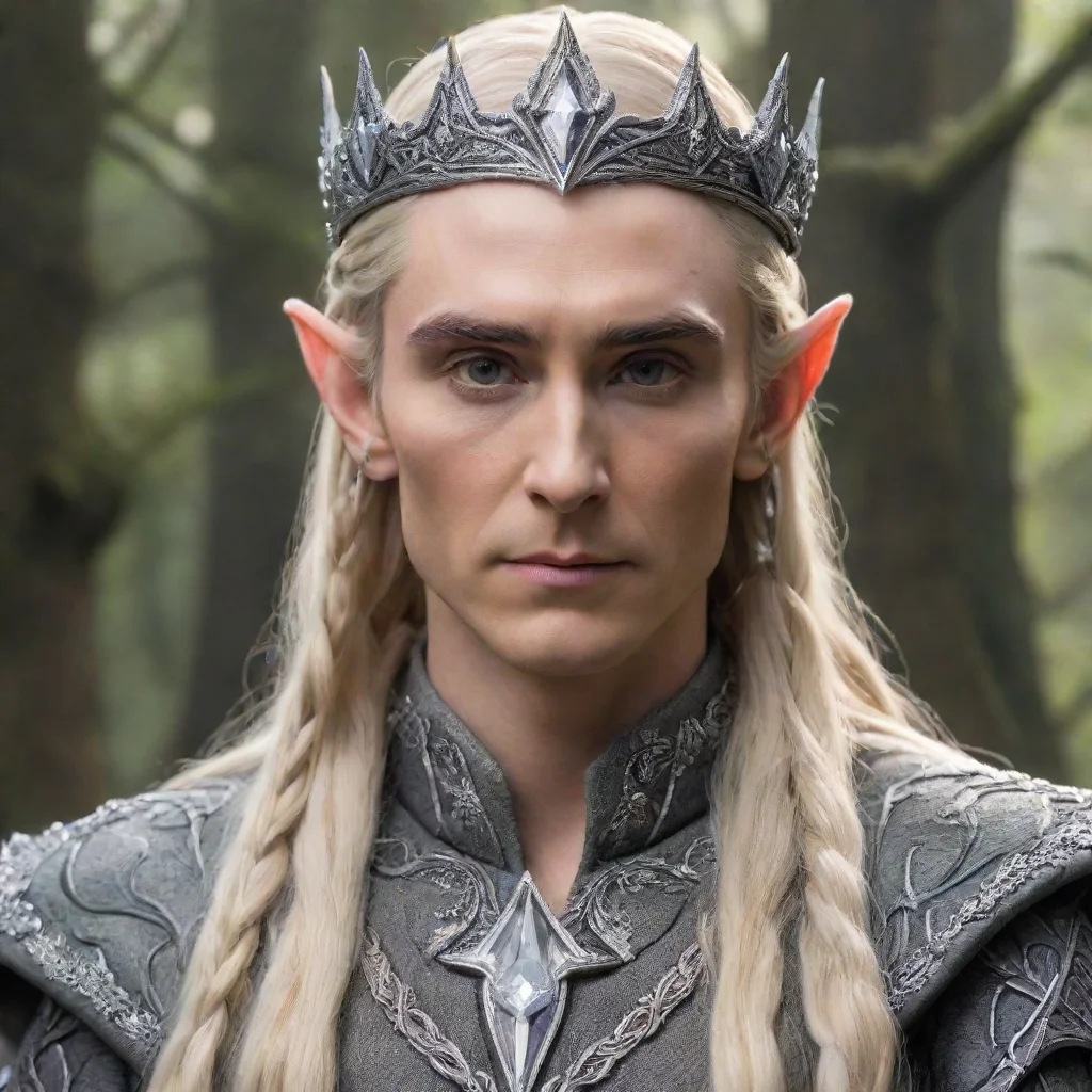 king thranduil with blonde hair and braids wearing silver wood elf crown encrusted with diamonds with large center diamond