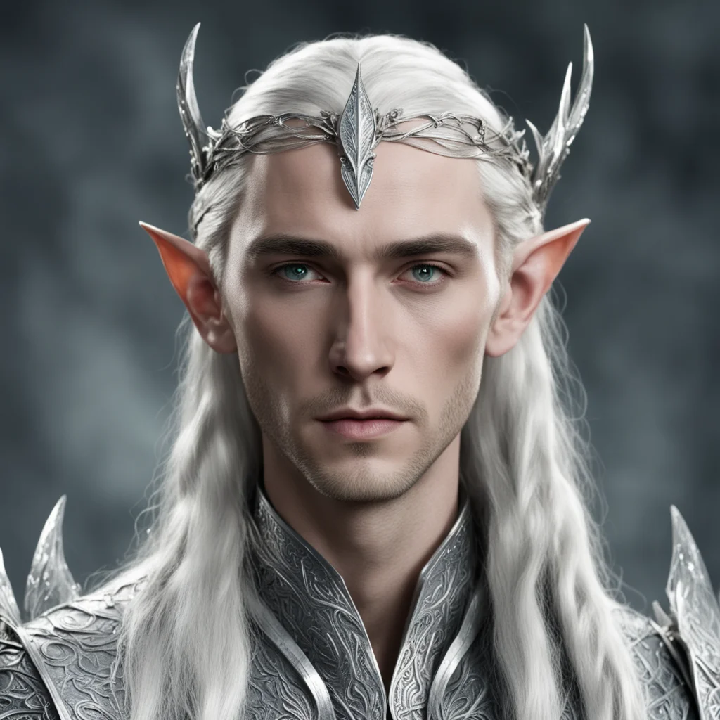king thranduil with braids wearing silver leaf elven circlet with diamonds confident engaging wow artstation art 3
