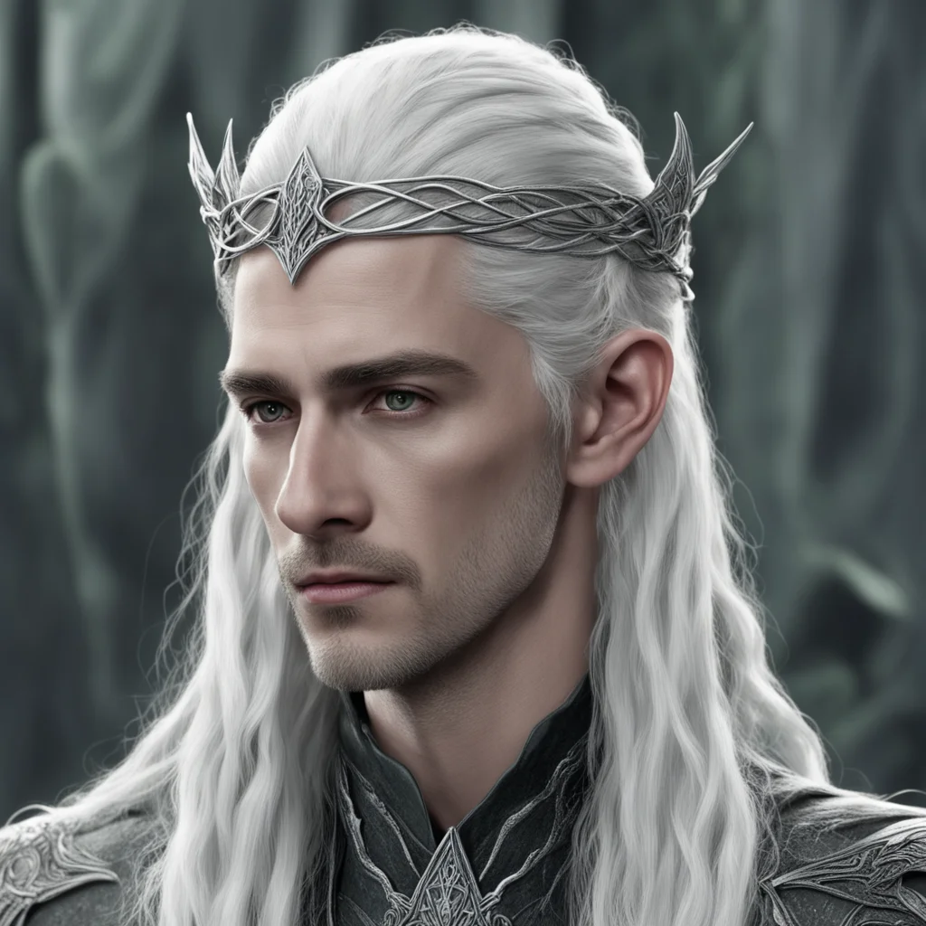 king thranduil with braids wearing silver serpentine intertwined elven circlet with diamonds confident engaging wow artstation art 3