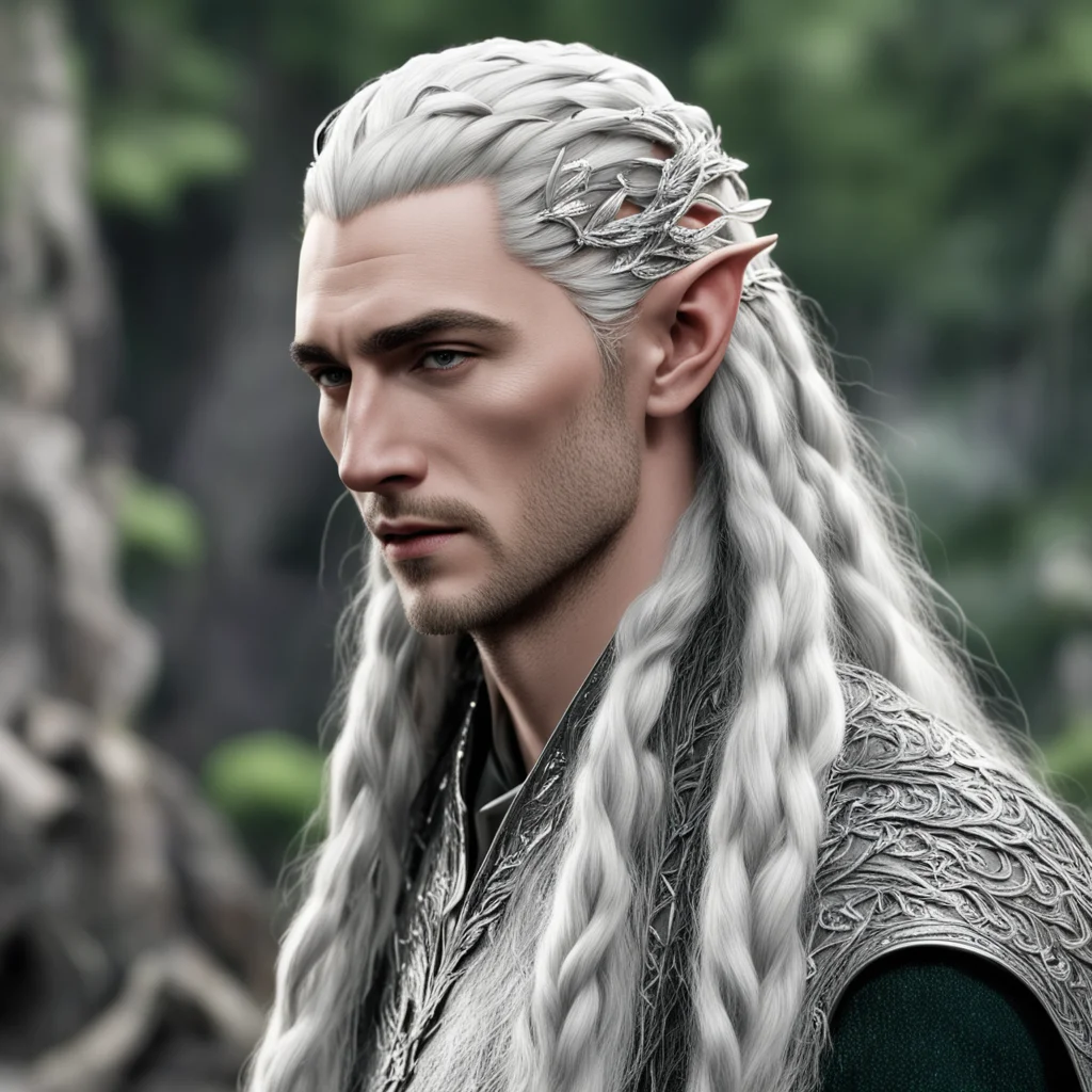 aiking thranduil with braids wearing silver wood elf hair pins with diamonds  confident engaging wow artstation art 3