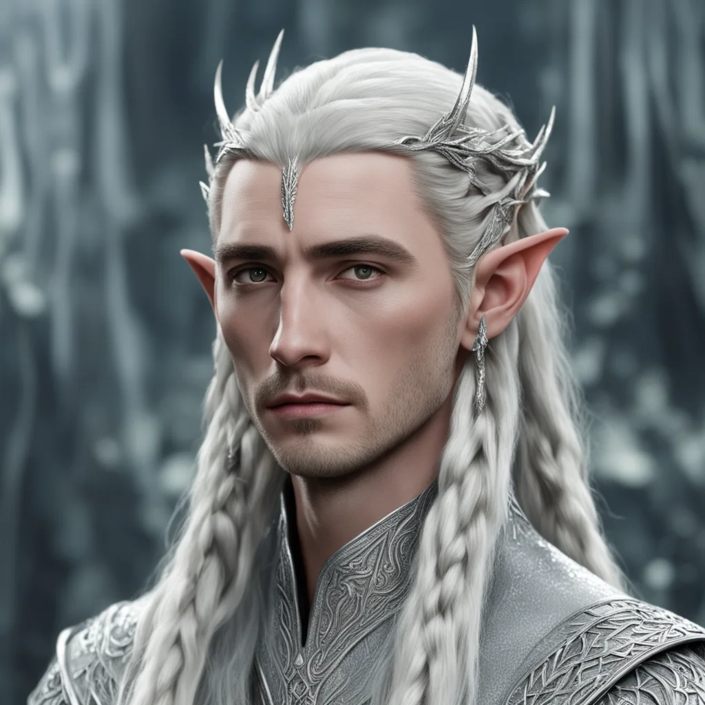 aiking thranduil with braids wearing silver wood elf hair pins with diamonds confident engaging wow artstation art 3