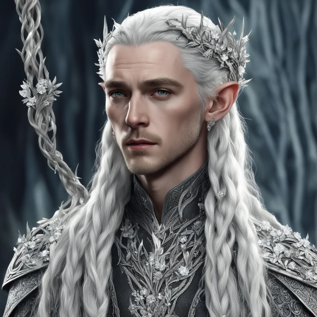 king thranduil with silver hair and braids wearing silver twigs and silver flowers encrusted with diamonds with large center diamond confident engaging wow artstation art 3