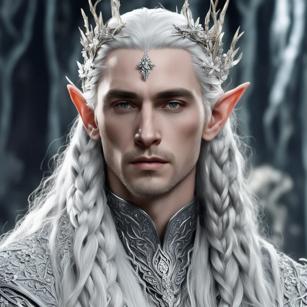 king thranduil with silver hair and braids wearing silver twigs and silver flowers encrusted with diamonds with large center diamond good looking trending fantastic 1