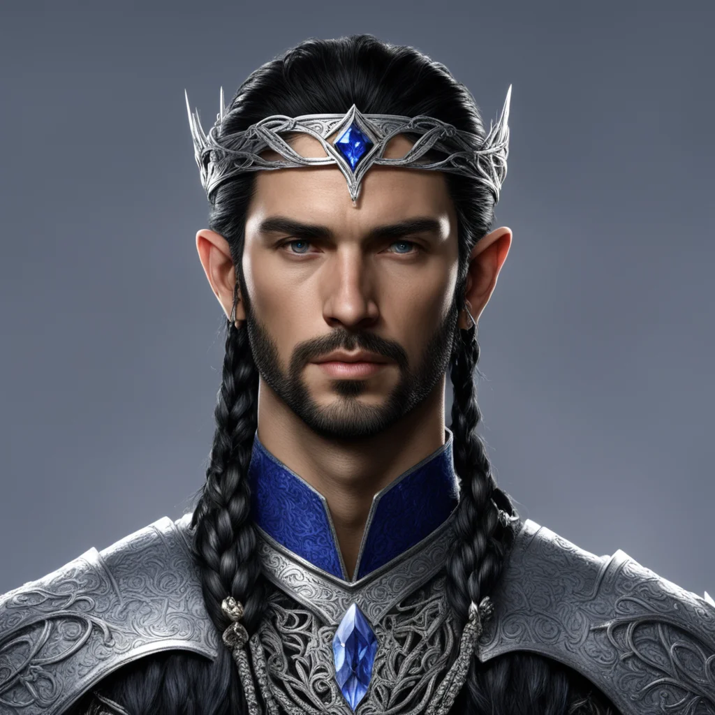 king turgon with black hair no beard with braids wearing small silver elvish circlet with sapphires and diamonds confident engaging wow artstation art 3