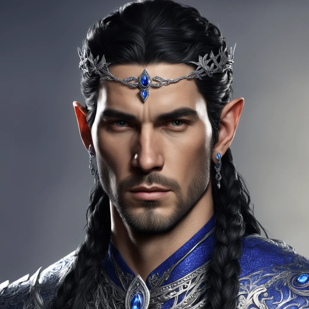 king turgon with black hair no beard with braids wearing small silver elvish circlet with sapphires and diamonds good looking trending fantastic 1