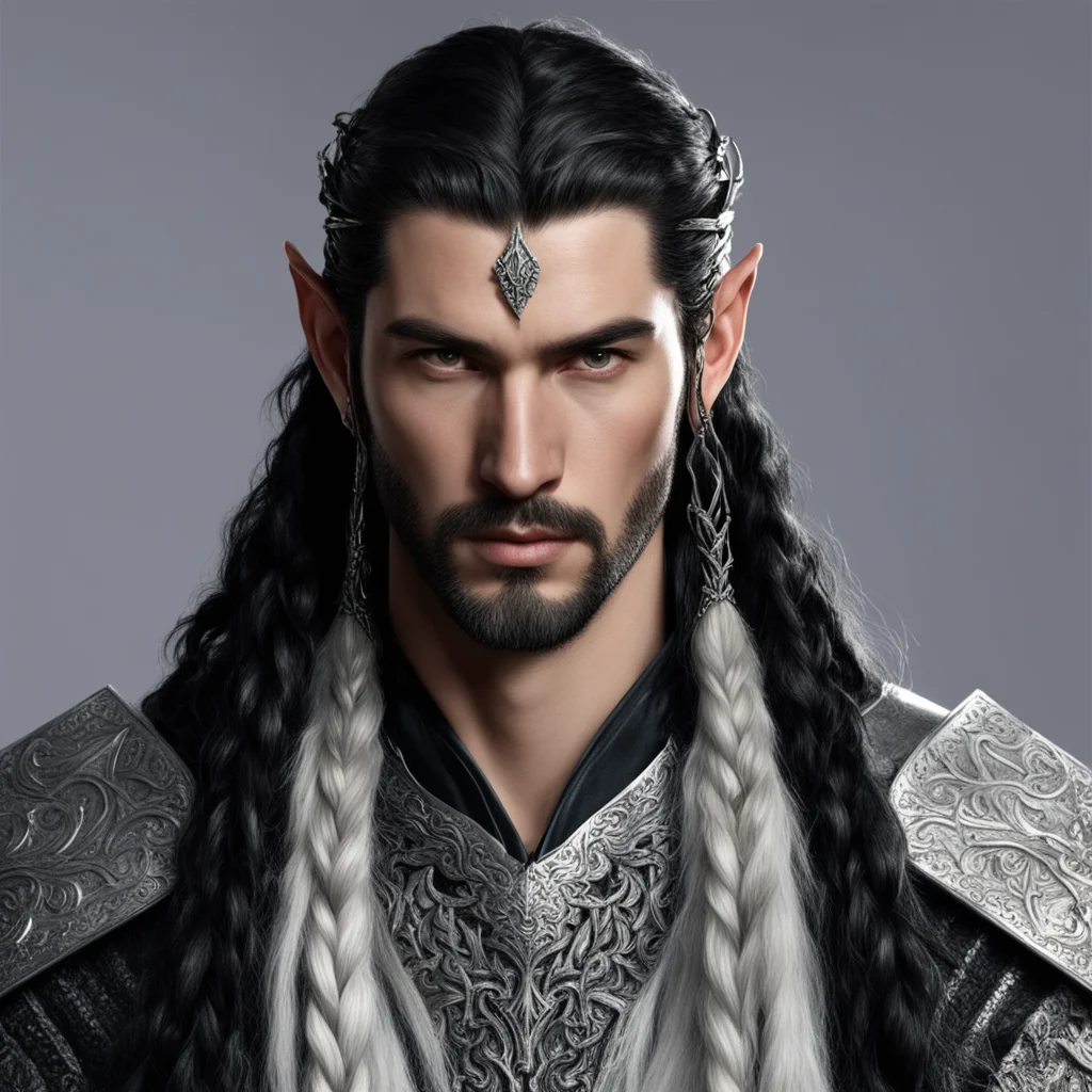 king turgon with black hair with braids wearing silver noldor elvish hair forks with diamonds  confident engaging wow artstation art 3