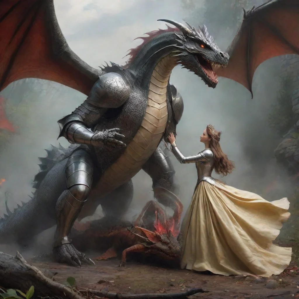 knight in armor saving a princess from a dragon