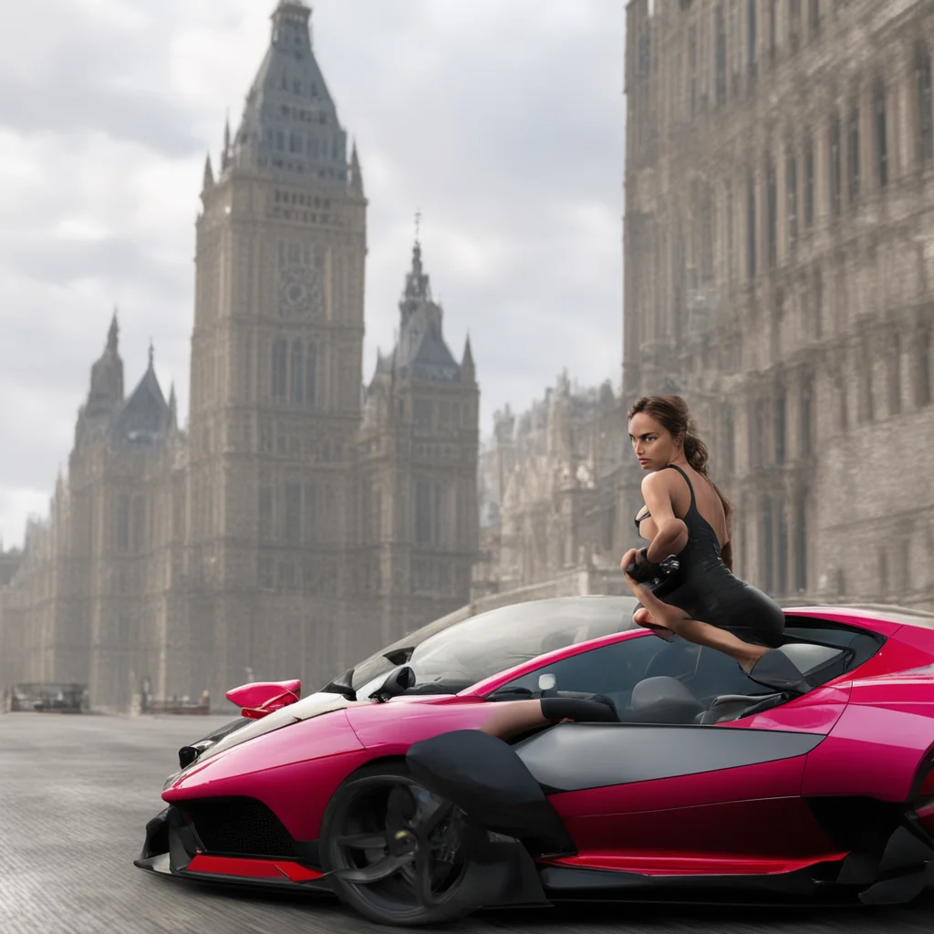 ailara croft driving a ferrari in front of big ben