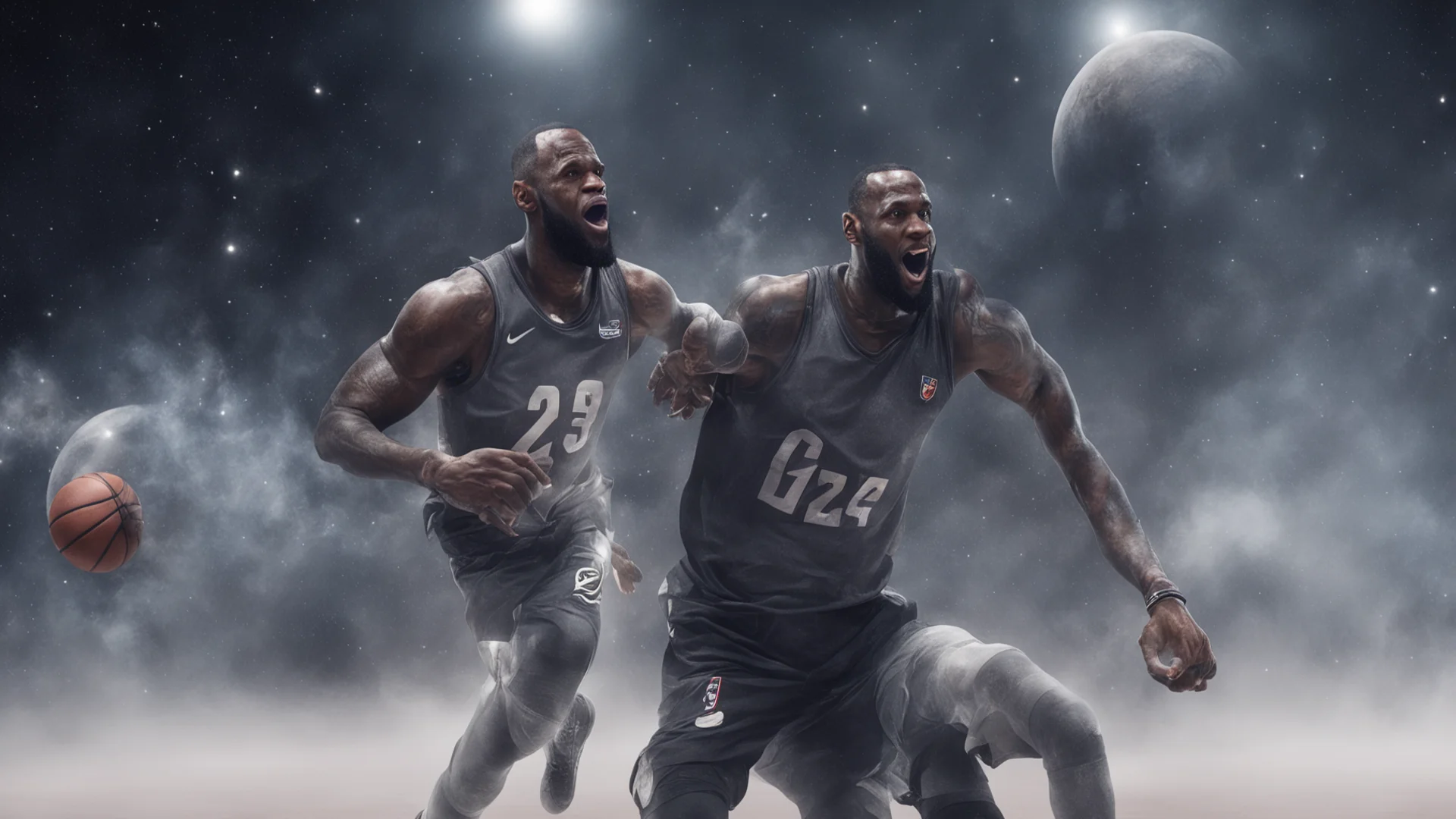 lebron james into the space playing basketball with aliens  amazing awesome portrait 2 wide