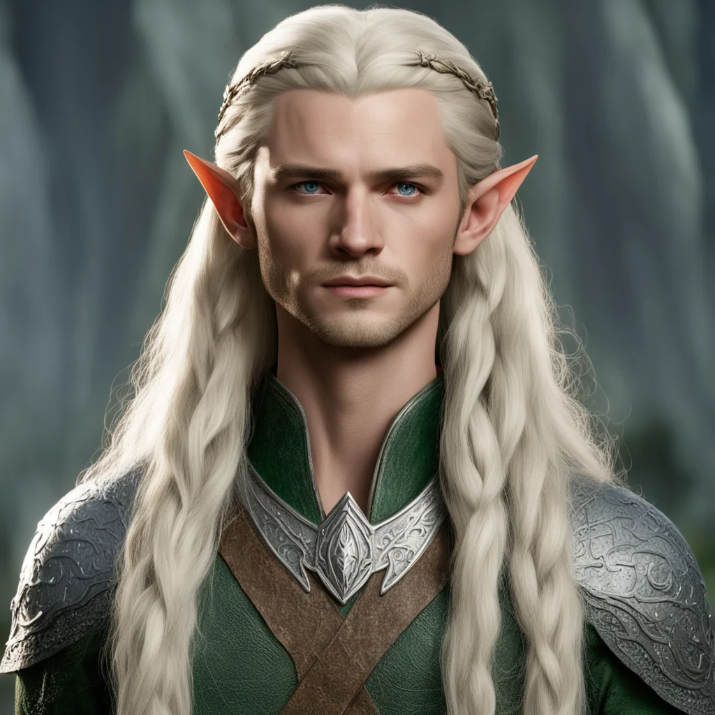 legolas with blond hair and braids wearing silver serpentine elvish circlet with large center diamond wearing royal sindarin clothing