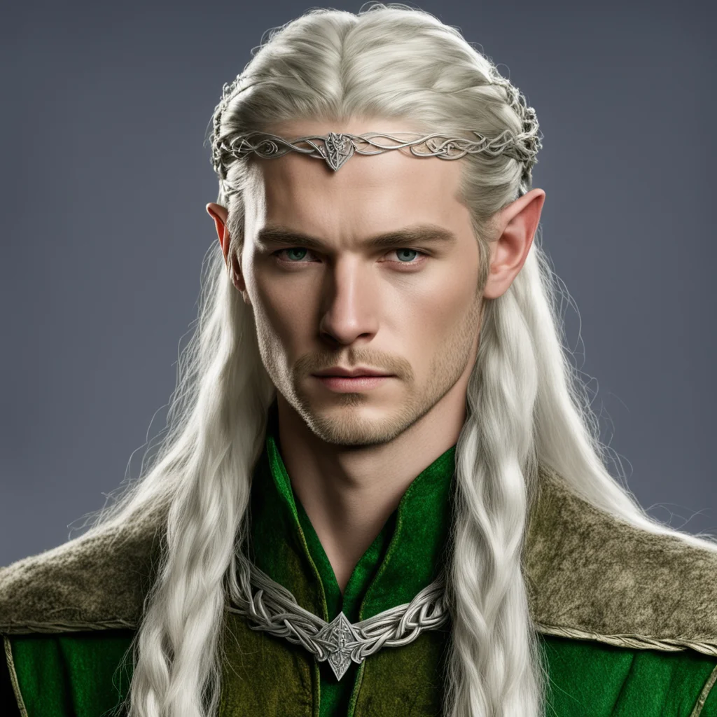 legolas with braids wearing silver serpentine intertwined elvish circlet with diamonds