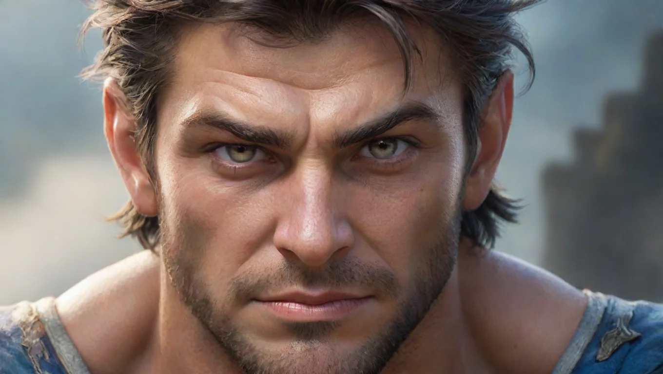 ailife force champion heroic character energetic wonderful fantasy character humble kind close up face eyes clear wow masculine man widescreen