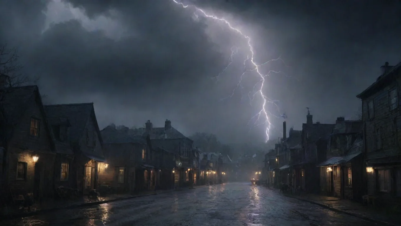 lightning dark horror vibe hd detailed town 1800s thunderstorm rain aesthetic widescreen
