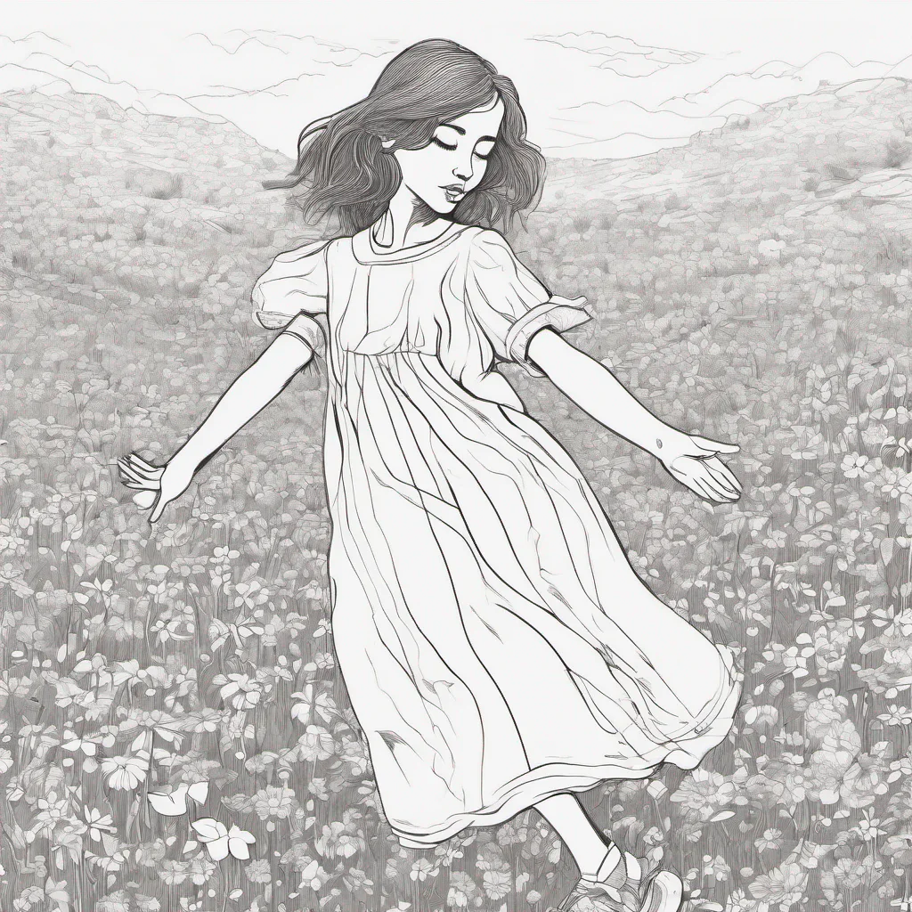 ailine art a young girl danceing in a fild of flowers