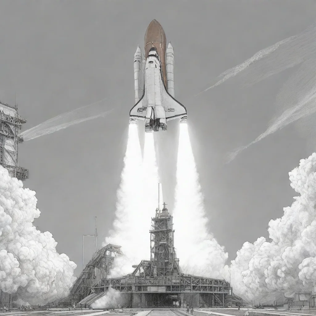 line art sketch drawing of detailed space shutttle launching off the launchpad