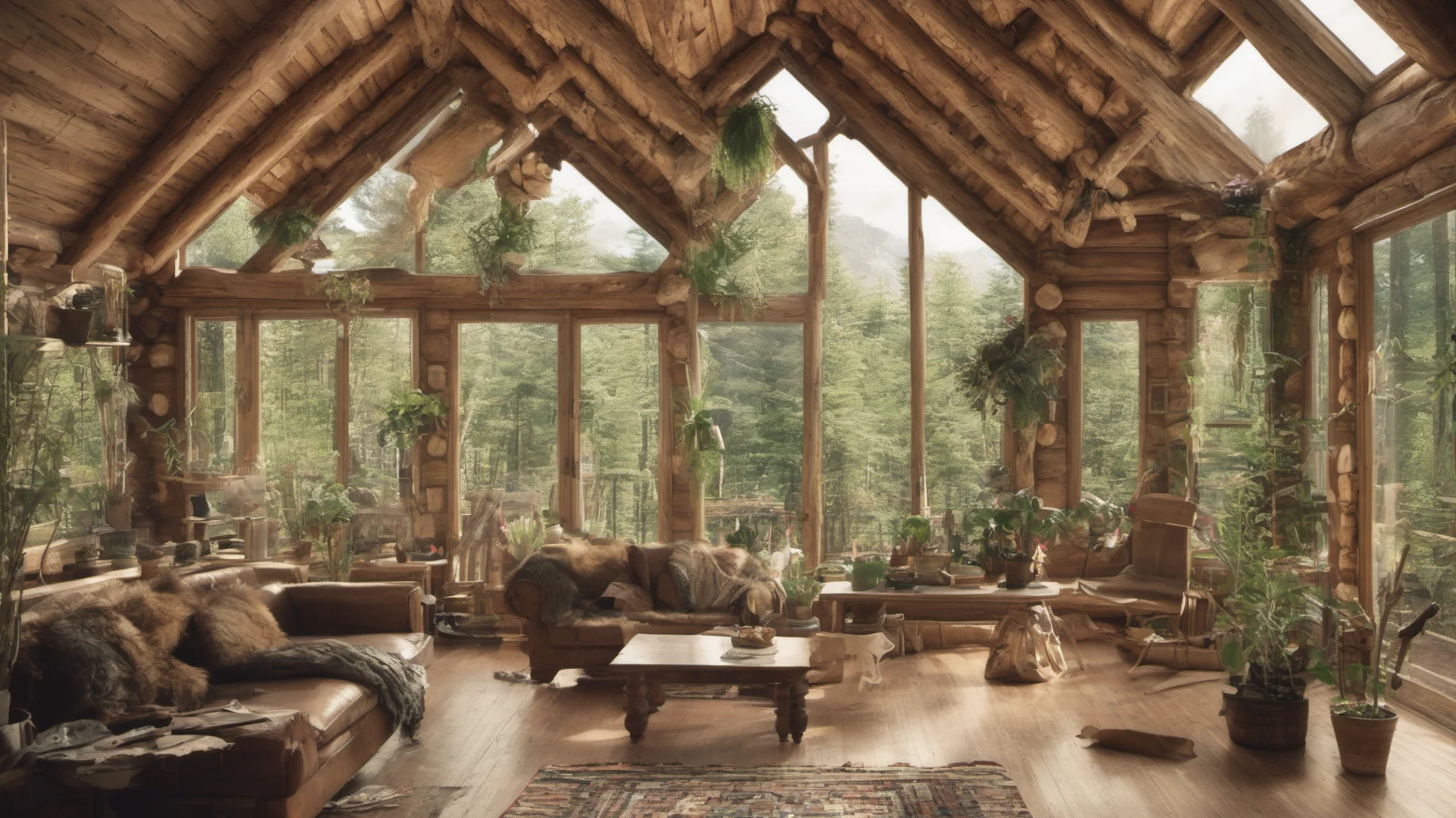 ailog cabin interior with many plants and large windows looking into a forest confident engaging wow artstation art 3 wide
