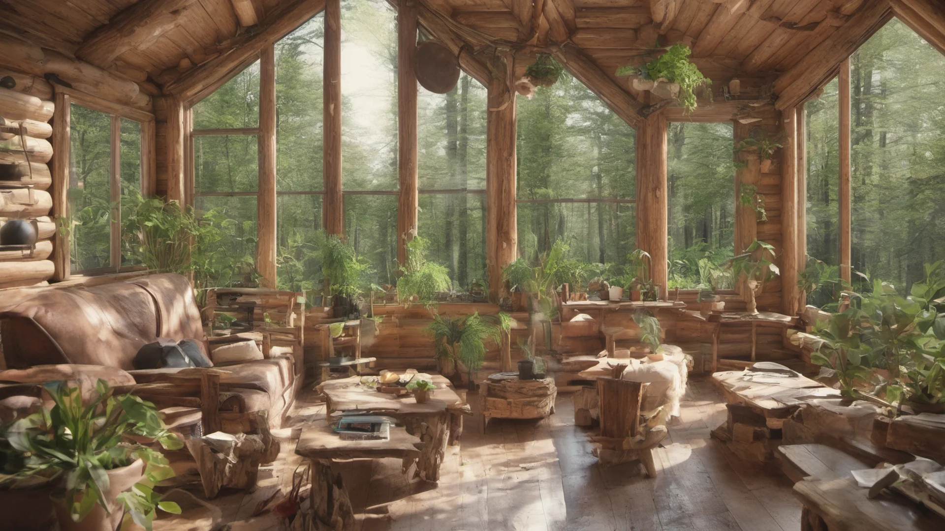 ailog cabin interior with many plants and large windows looking into a forest good looking trending fantastic 1 wide