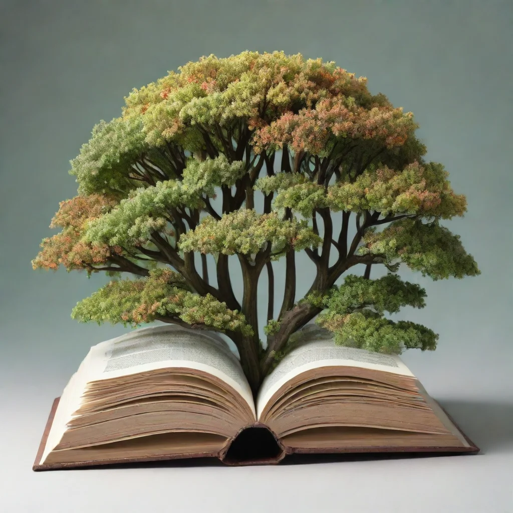 ailogo of an open book with many pages and a forest on top with just 4 trees of different sizes but all in flower. no background