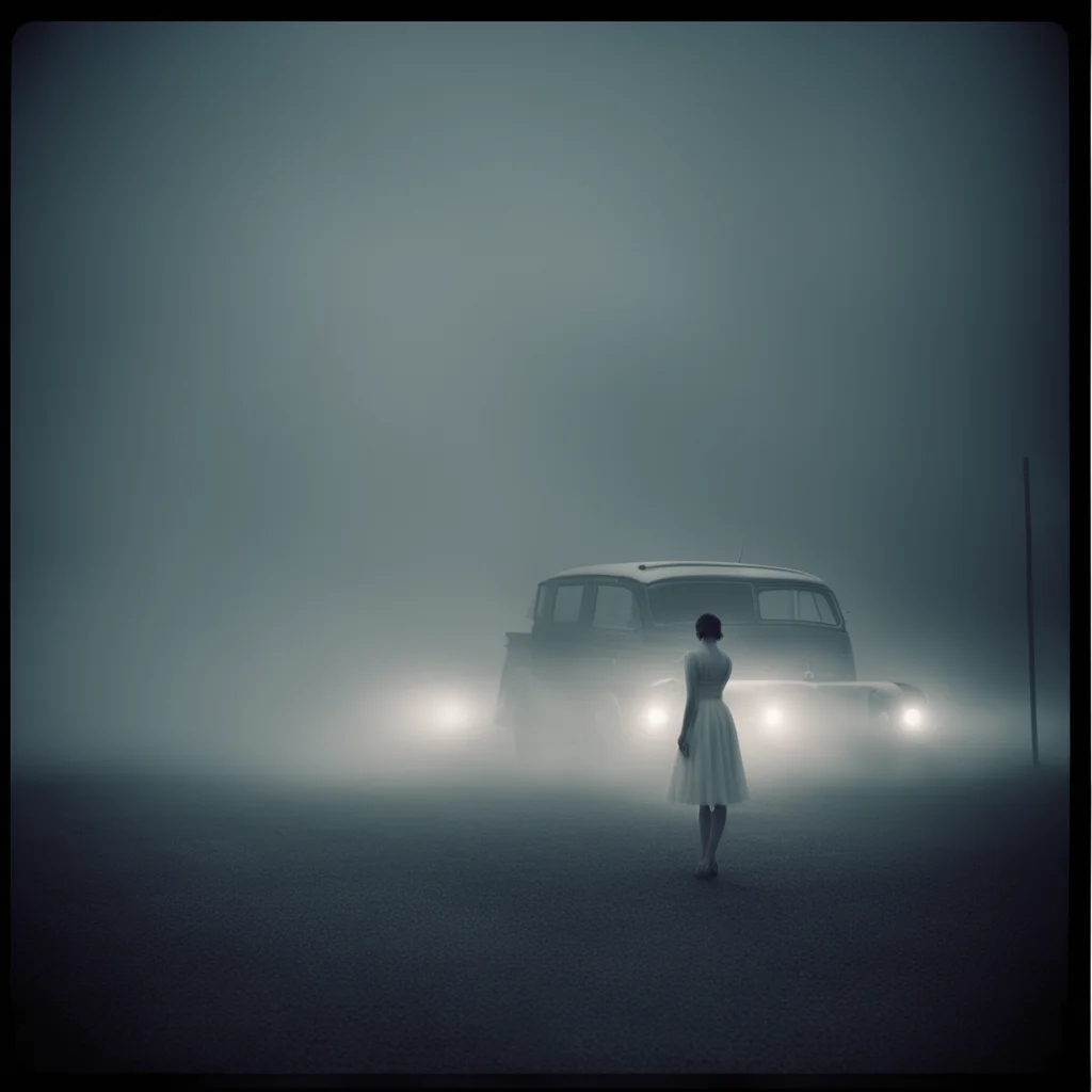 ailonely girl in thin white dress at a foggy dark gaz station  old car  old building the night   scary   polaroid style  film noir amazing awesome portrait 2