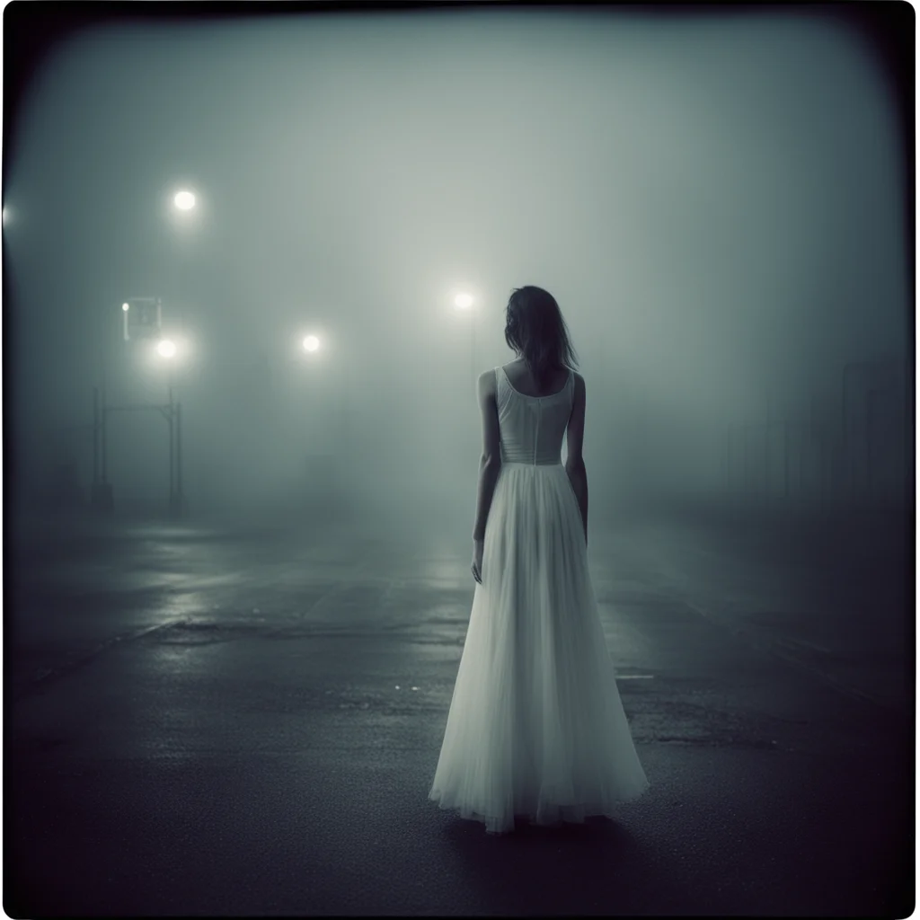ailonely girl in thin white dress at a foggy dark gaz station  old car  old building the night   scary   polaroid style  film noir