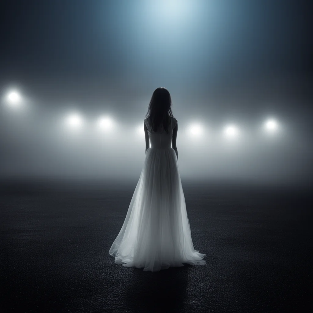 ailonely girl in thin white dress at a foggy dark parking  middle of the night   scary shadows good looking trending fantastic 1