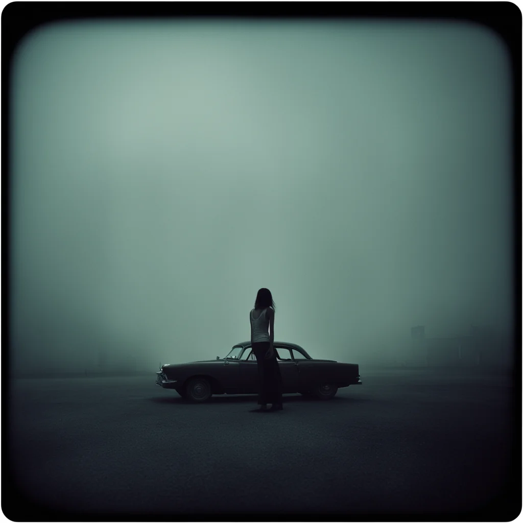 ailonely girl in thin white tanktop at a foggy dark gaz station  old car  old building the night   scary   polaroid style  film noir