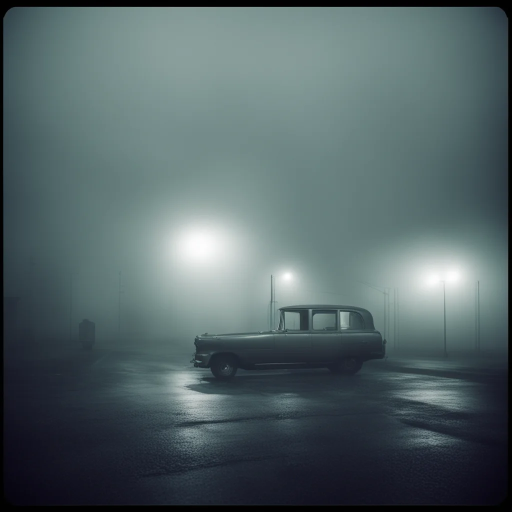 ailonely girsl in thin white singletsat a foggy dark gaz station  old car  old building the night   scary ghosts  polaroid style  film noir