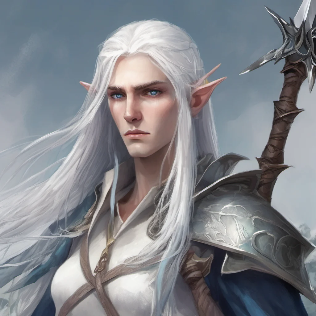 ailong white haired elf with blue eyes and a glaive