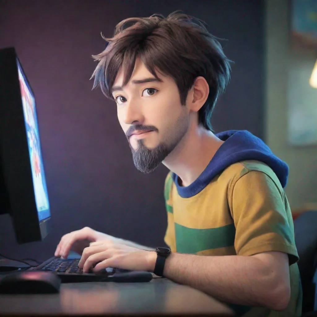 look like an anime cartoon style of a  40 year old man with a slightly bigger beard