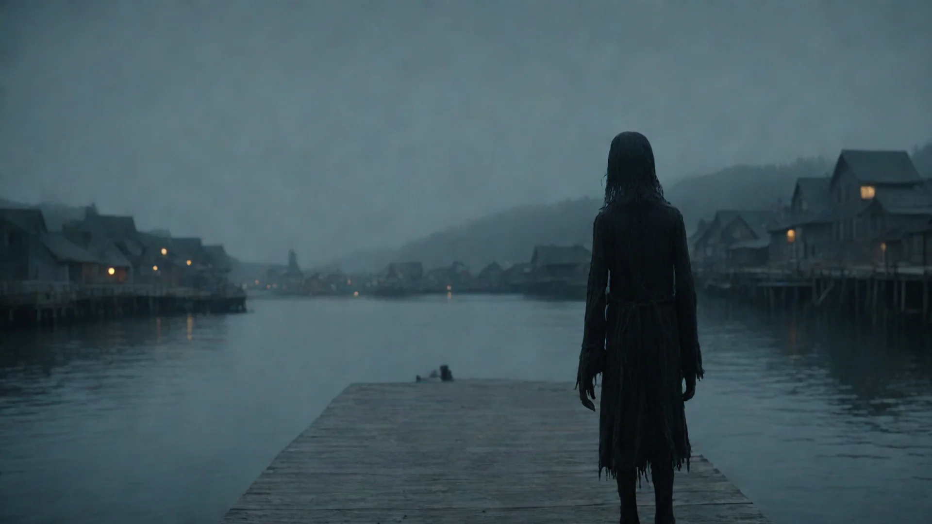 ailooking at scary town from sea rundown scary figure on dock looking back hd wide