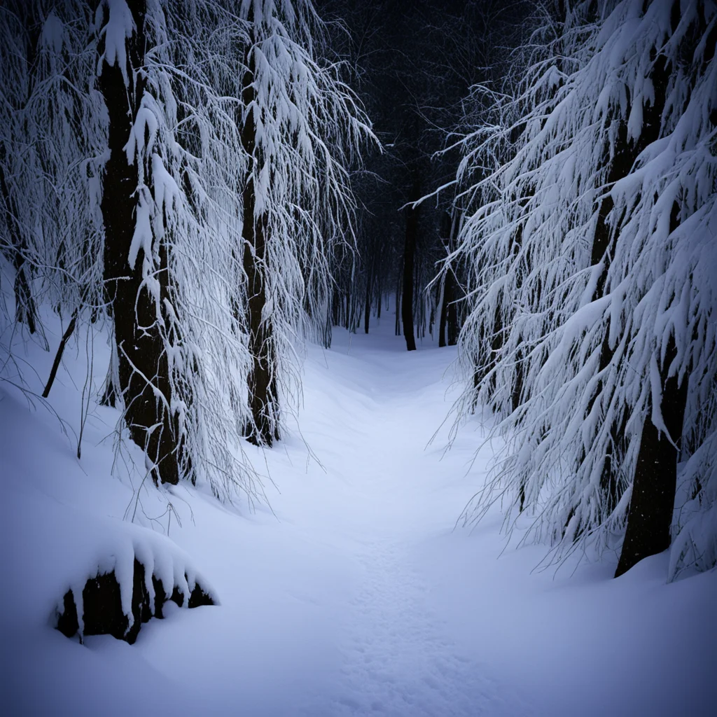 looking down into forest snow forest night time willow the wisp
