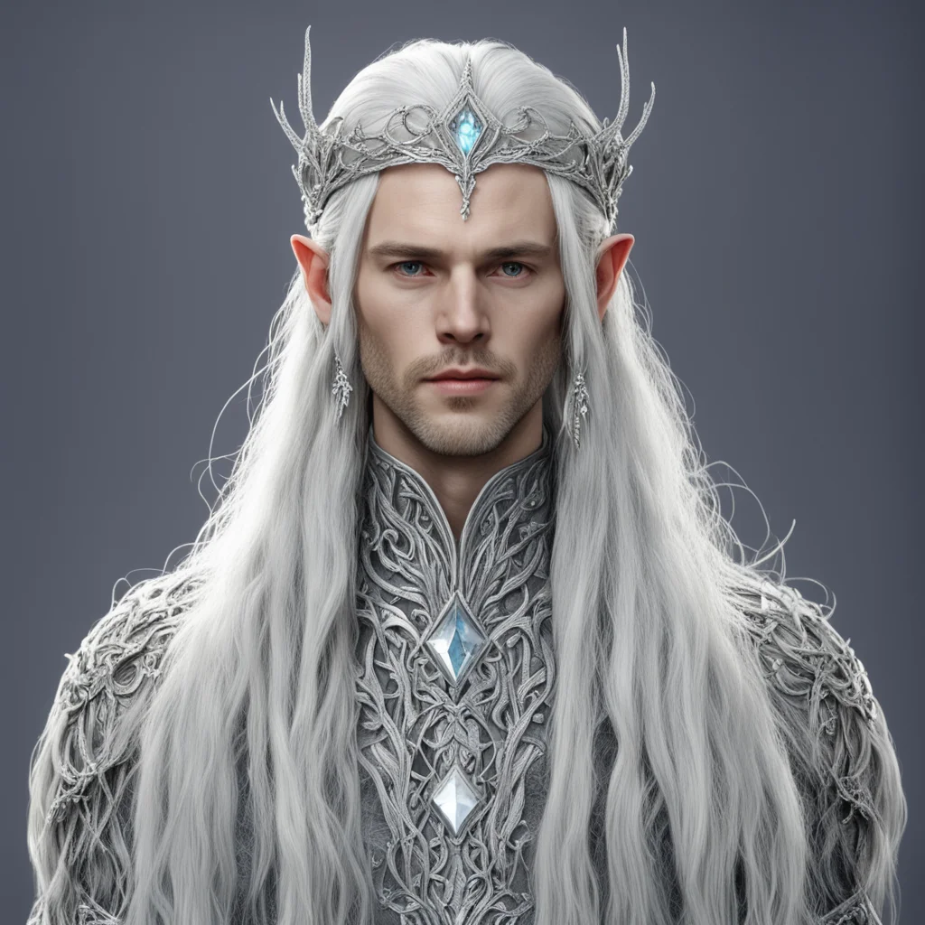 lord celeborn with silver hair and braids wearing silver vines encrusted with diamonds forming a silver elvish circlet with large center diamond  good looking trending fantastic 1
