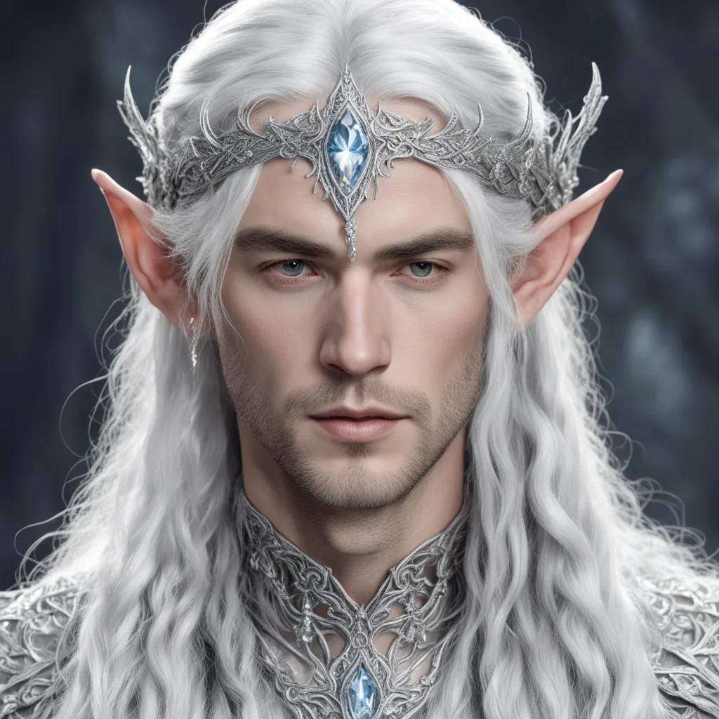 lord celeborn with silver hair and braids wearing silver vines encrusted with diamonds forming a silver elvish circlet with large center diamond 
