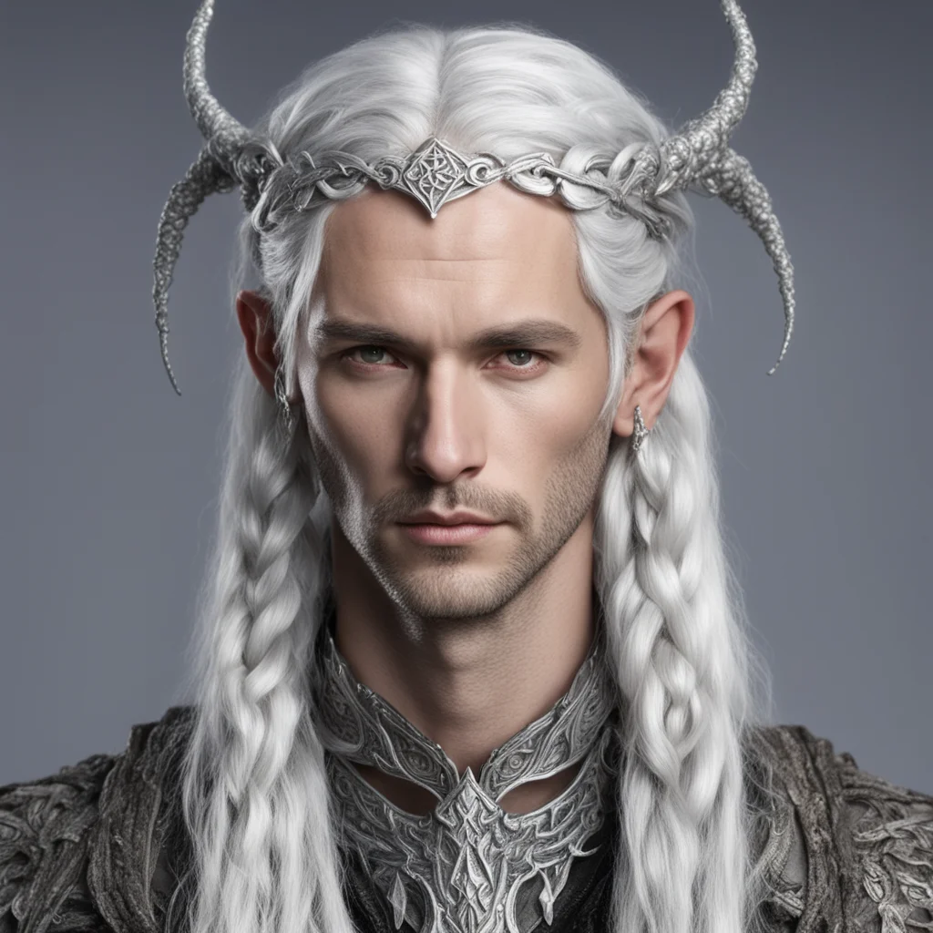 lord galathon with silver hair and braids wearing silver serpentine elvish circlet with large center diamond  confident engaging wow artstation art 3