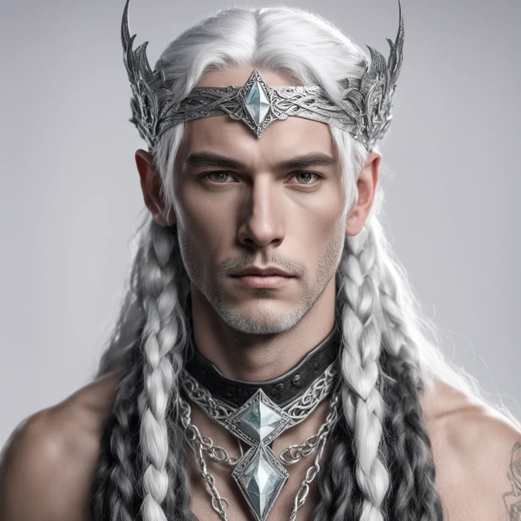 lord galathon with silver hair and braids wearing silver serpentine elvish circlet with large center diamond 