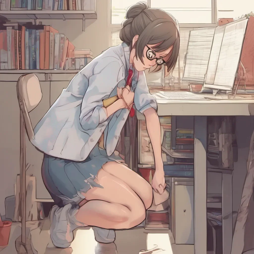 ailow rear view of an adorable nerdy anime woman bending over and touching her toes