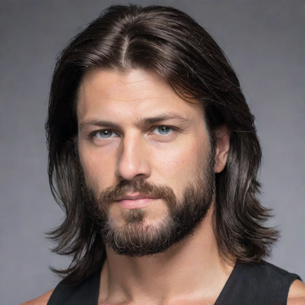 aimake a light heavyweight wrestler with a low tapered faded black mullet and beard
