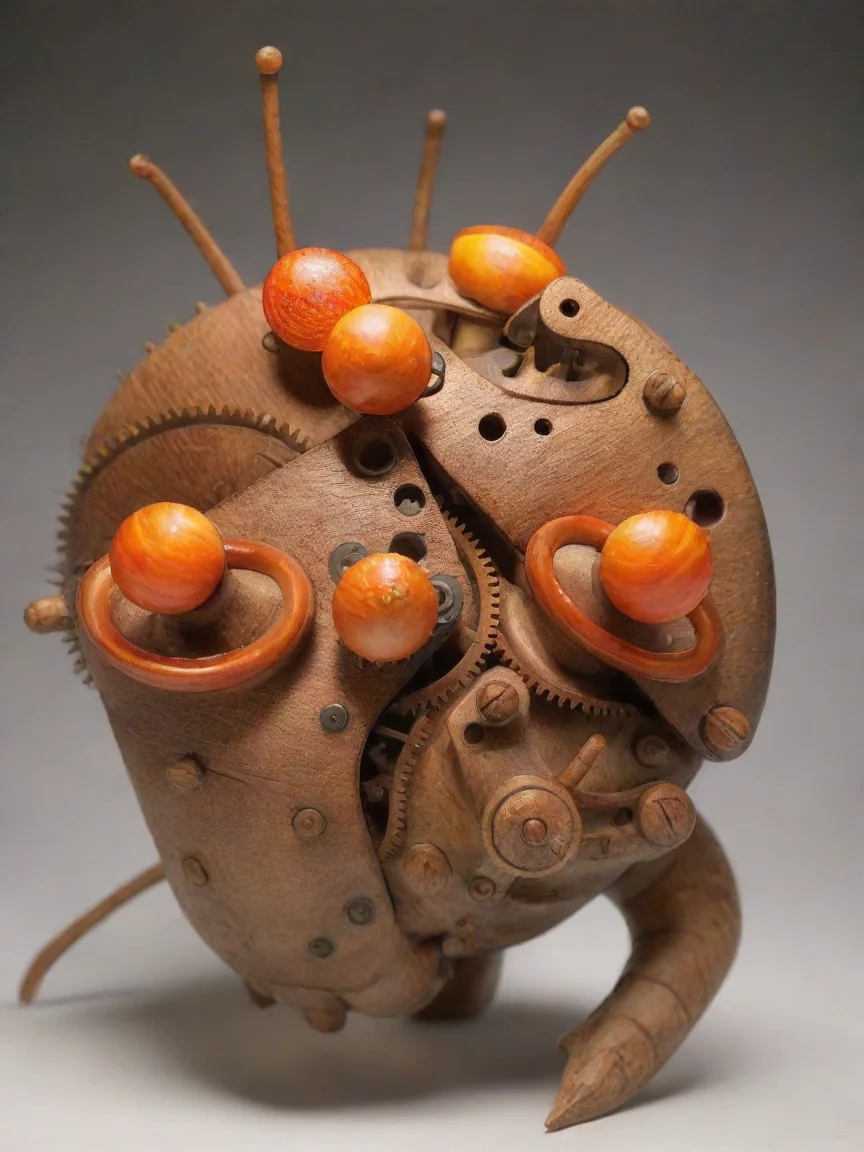 aimake a monster using this image. is a mechanical monster with long wooden arms an claws and mechanical bulky legs.glowing orange snail like eyes.
