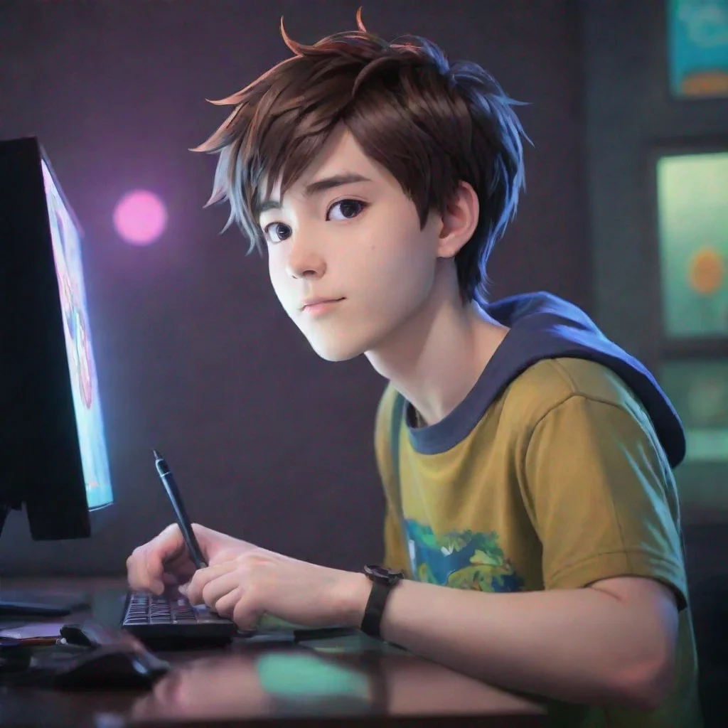 aimake this boy  look like an anime cartoon style of a  40 year old man and change the background a little