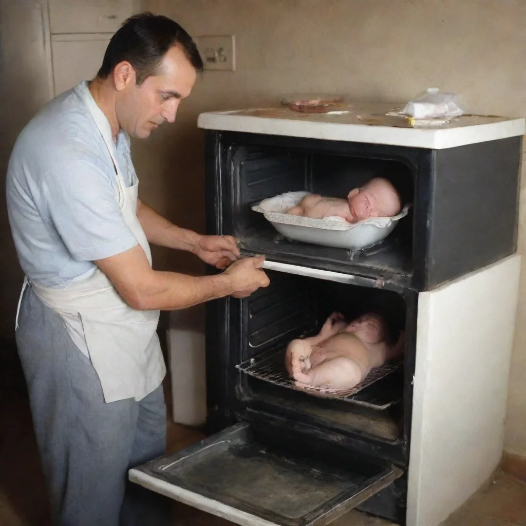 man cooking a newborn baby in a oven