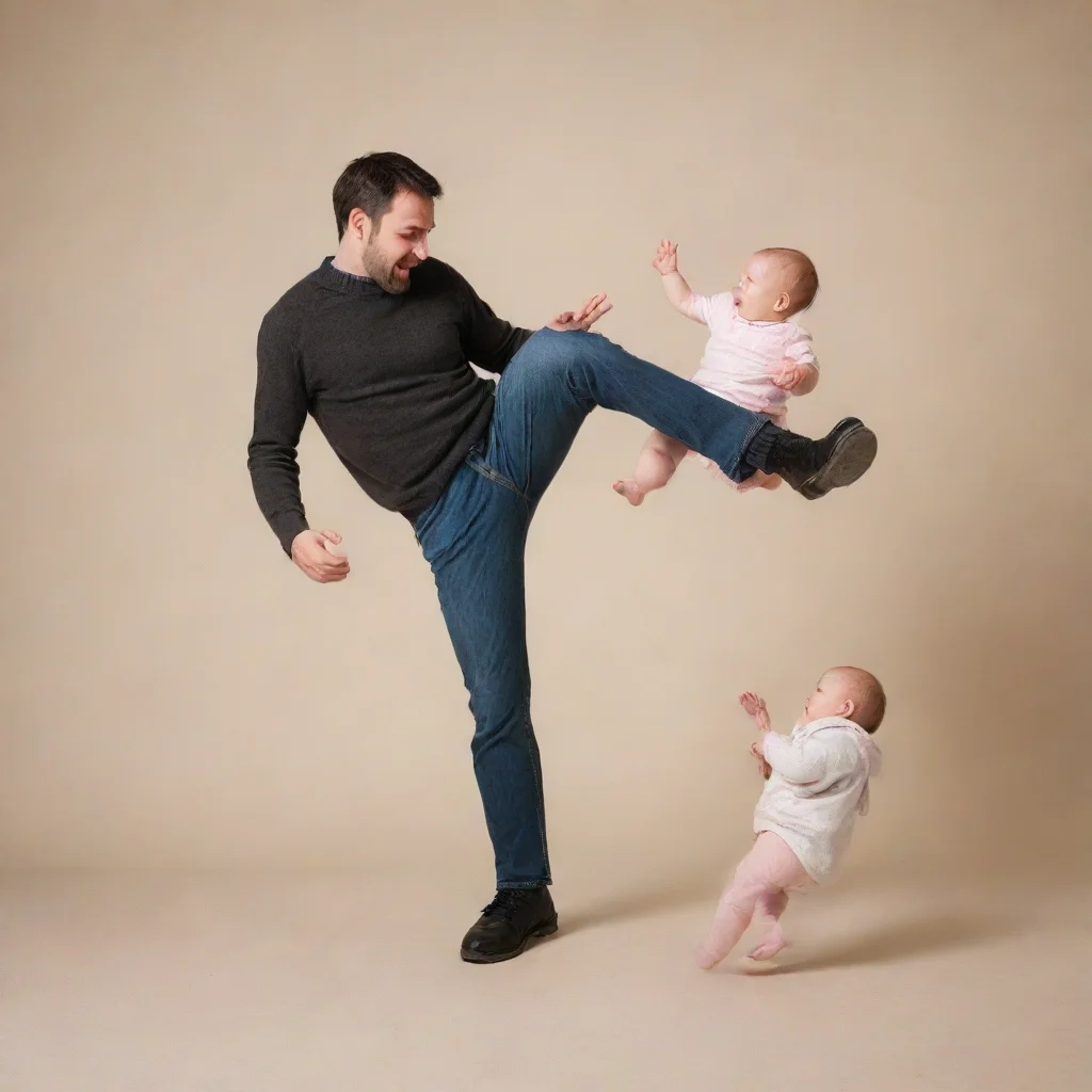 man kicking a baby