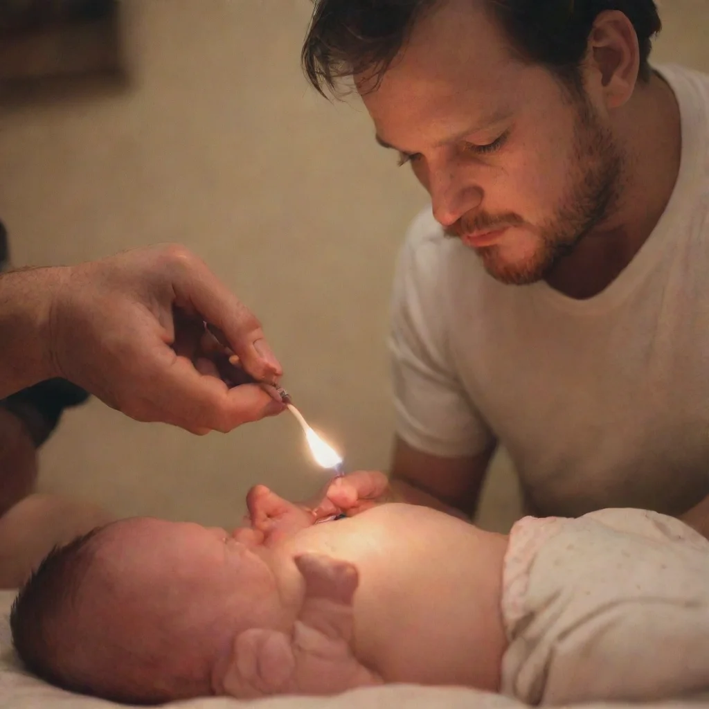 man lighting matches on a newborn baby