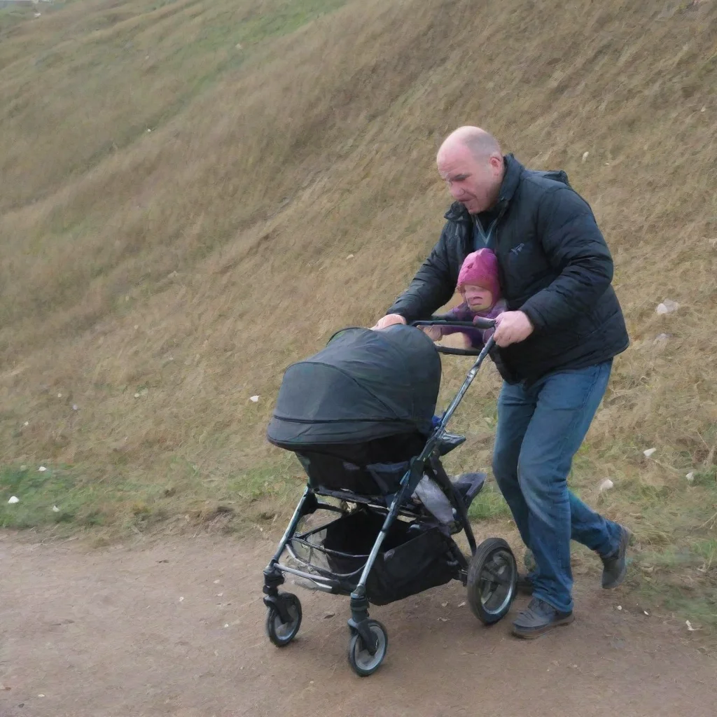 aiman push a baby in a pram down a hill