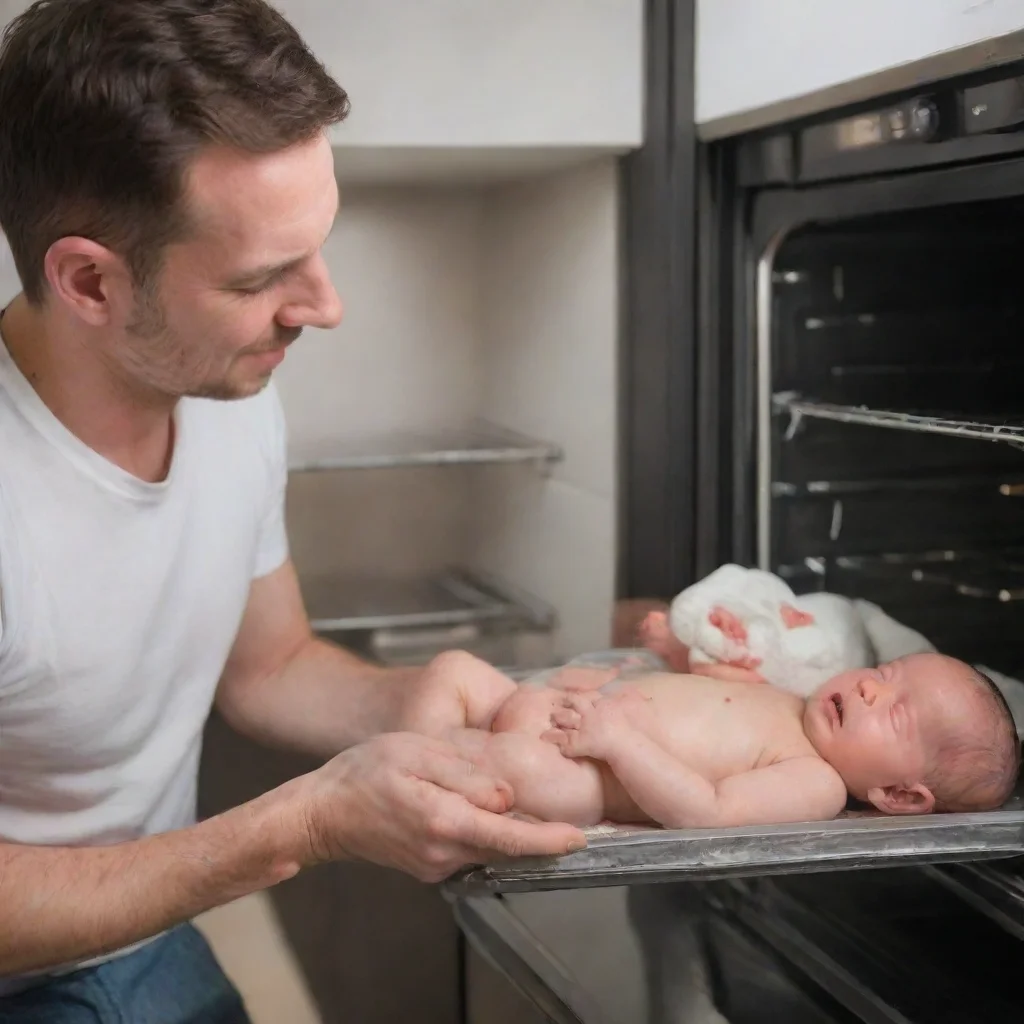 aiman puts newborn baby on a tray in the oven