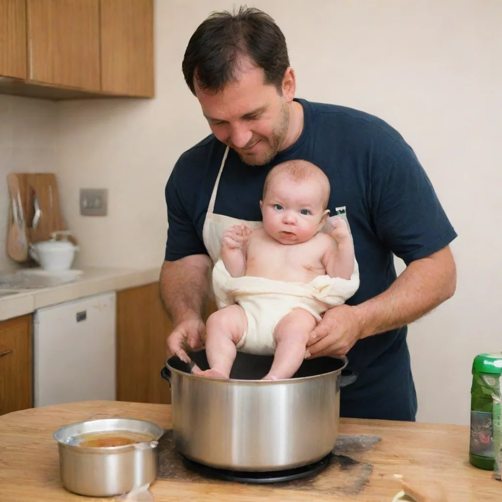 aiman putting a baby in a cooking pot